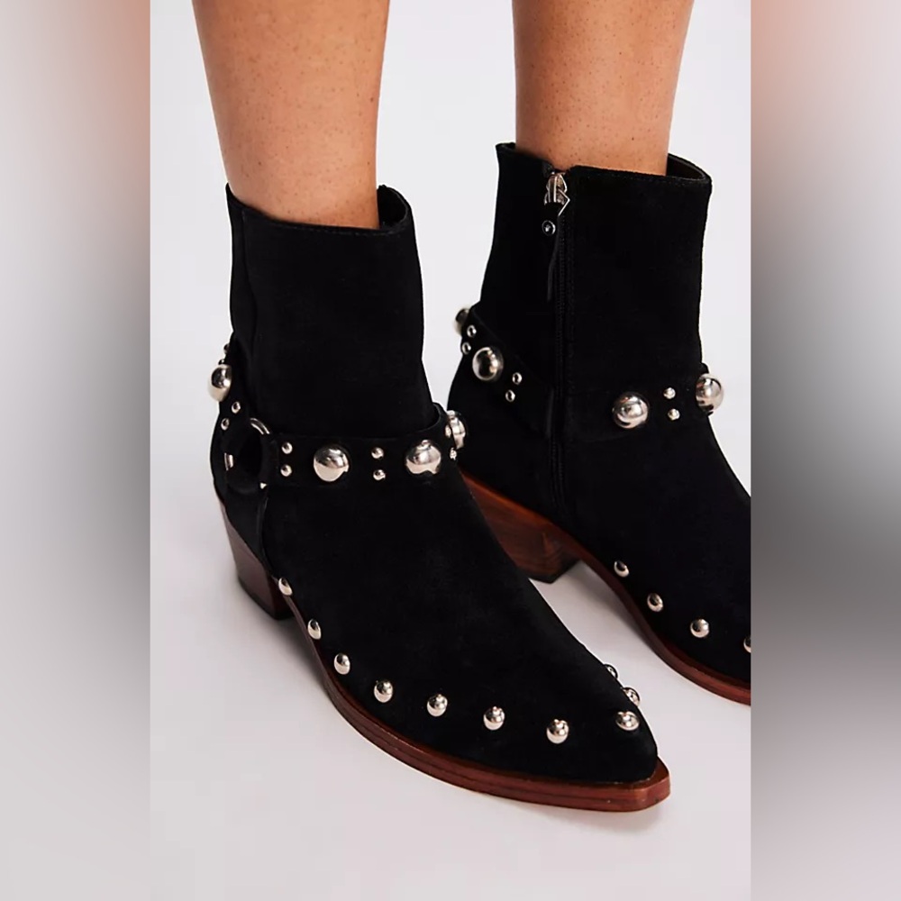 Free People Black Amelia Studded Harness Western Cowboy Moto Boots Shoes sz 9